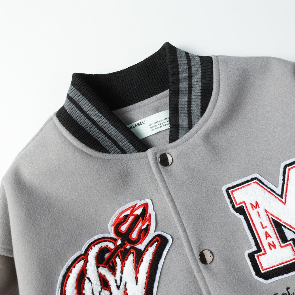 OFF WHITE Embroidered rhinestone filled down cotton jacket baseball uniform
