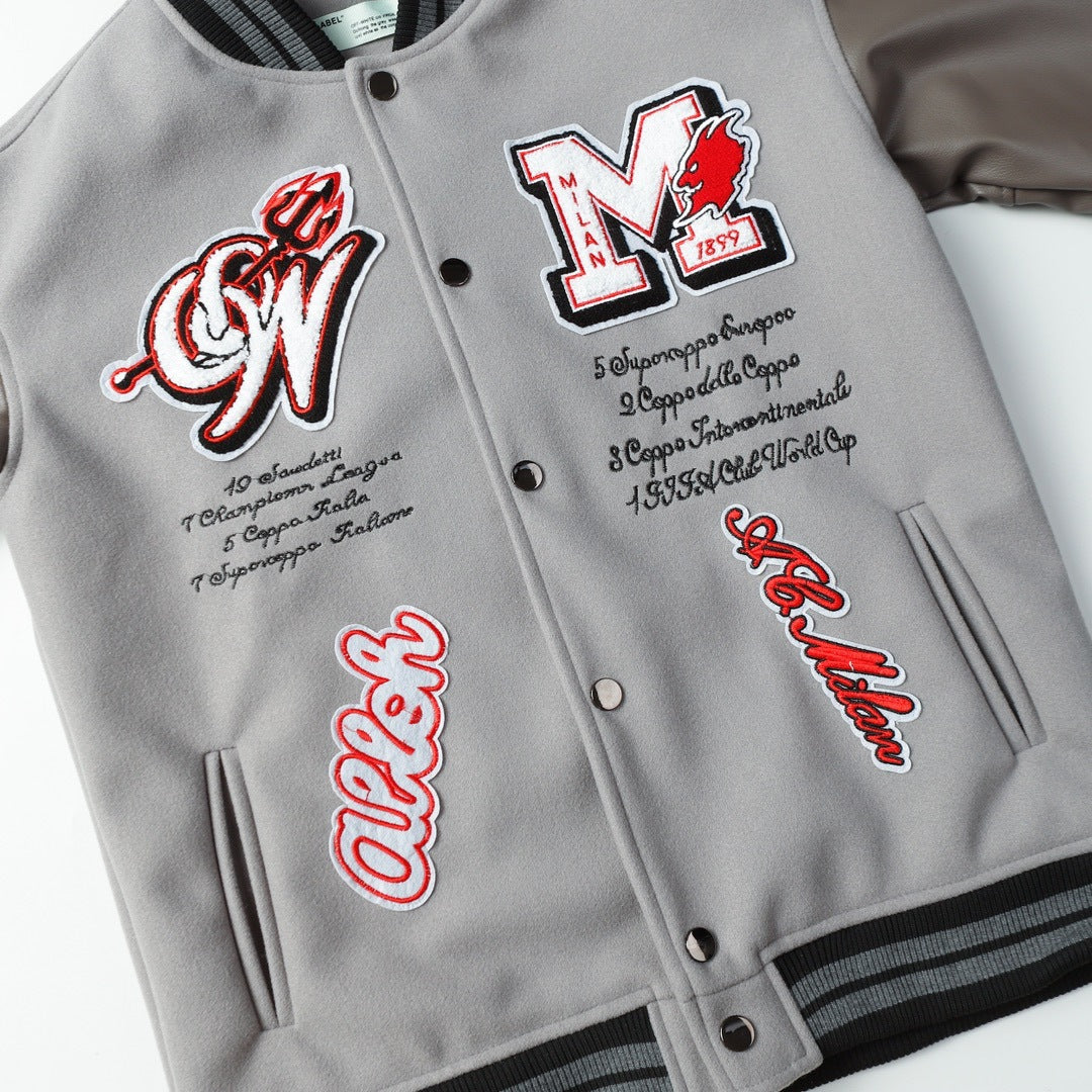 OFF WHITE Embroidered rhinestone filled down cotton jacket baseball uniform